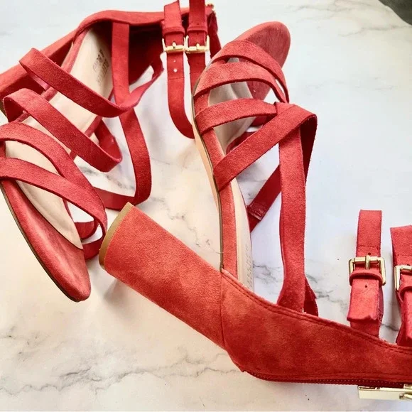 Bleecker & Bond Mindy Heels Womens Size 8 Cage Chunky Sandals Red Suede Strappy - Picture 9 of 12